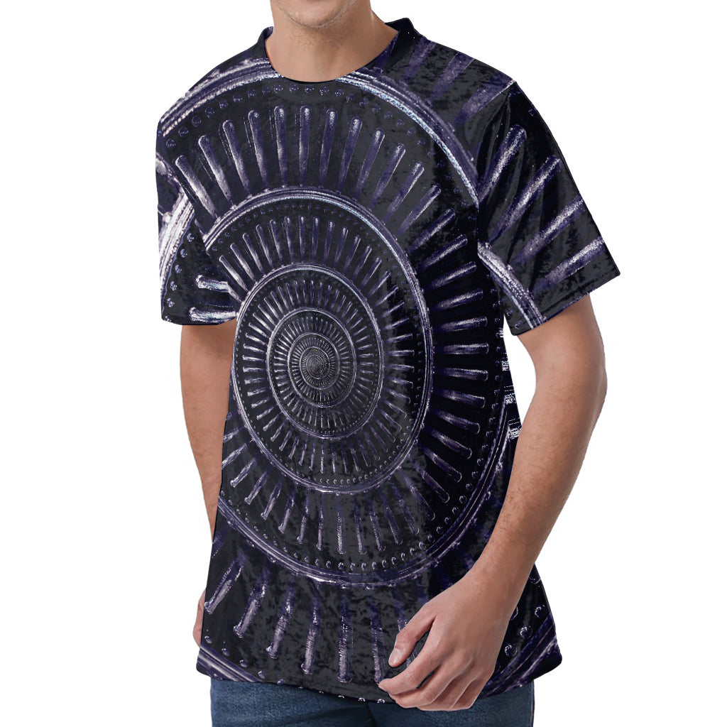 Dark Navy Metal Spiral Print Men's Velvet T-Shirt