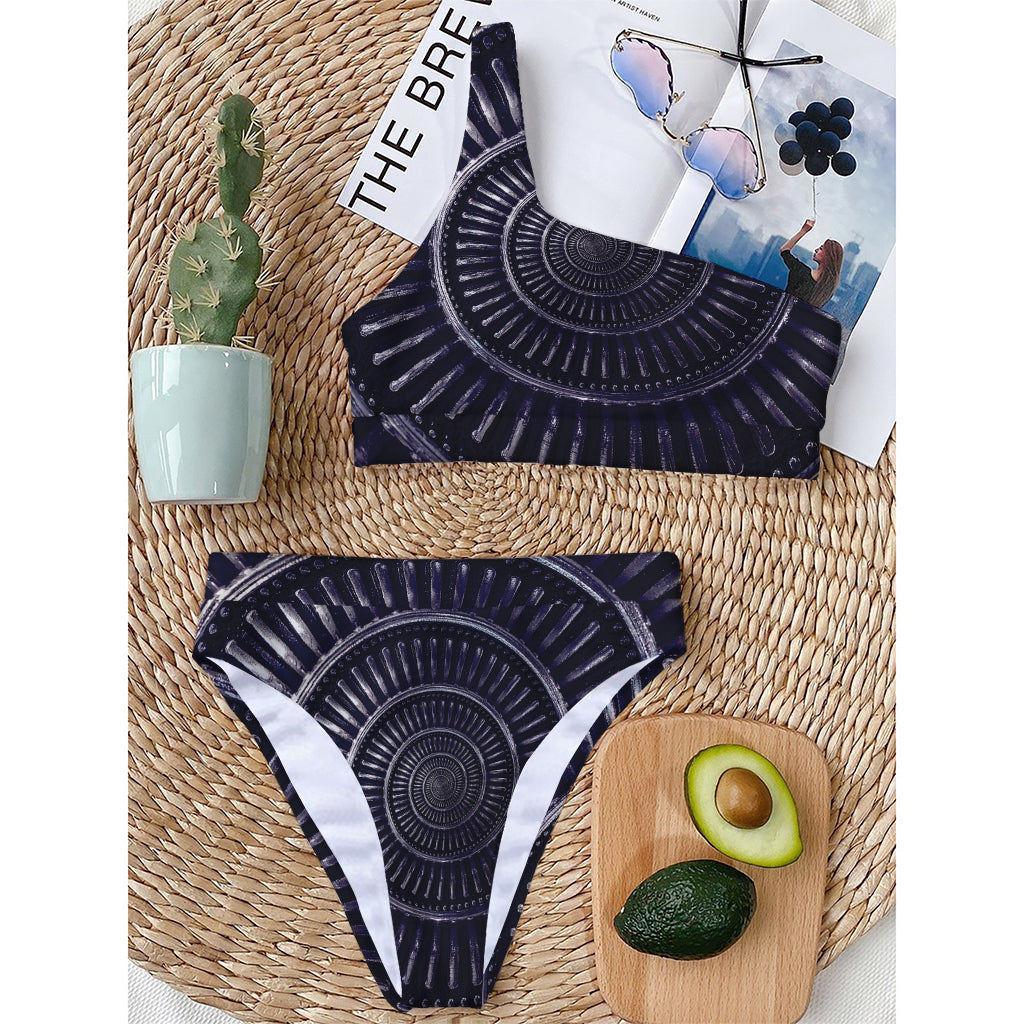 Dark Navy Metal Spiral Print One Shoulder Bikini Top