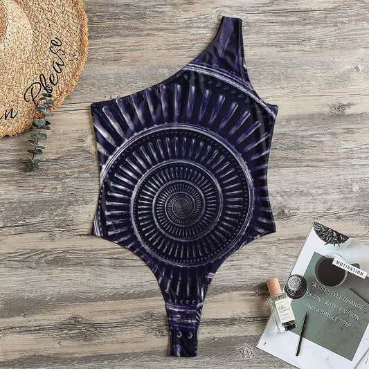 Dark Navy Metal Spiral Print One Shoulder Bodysuit