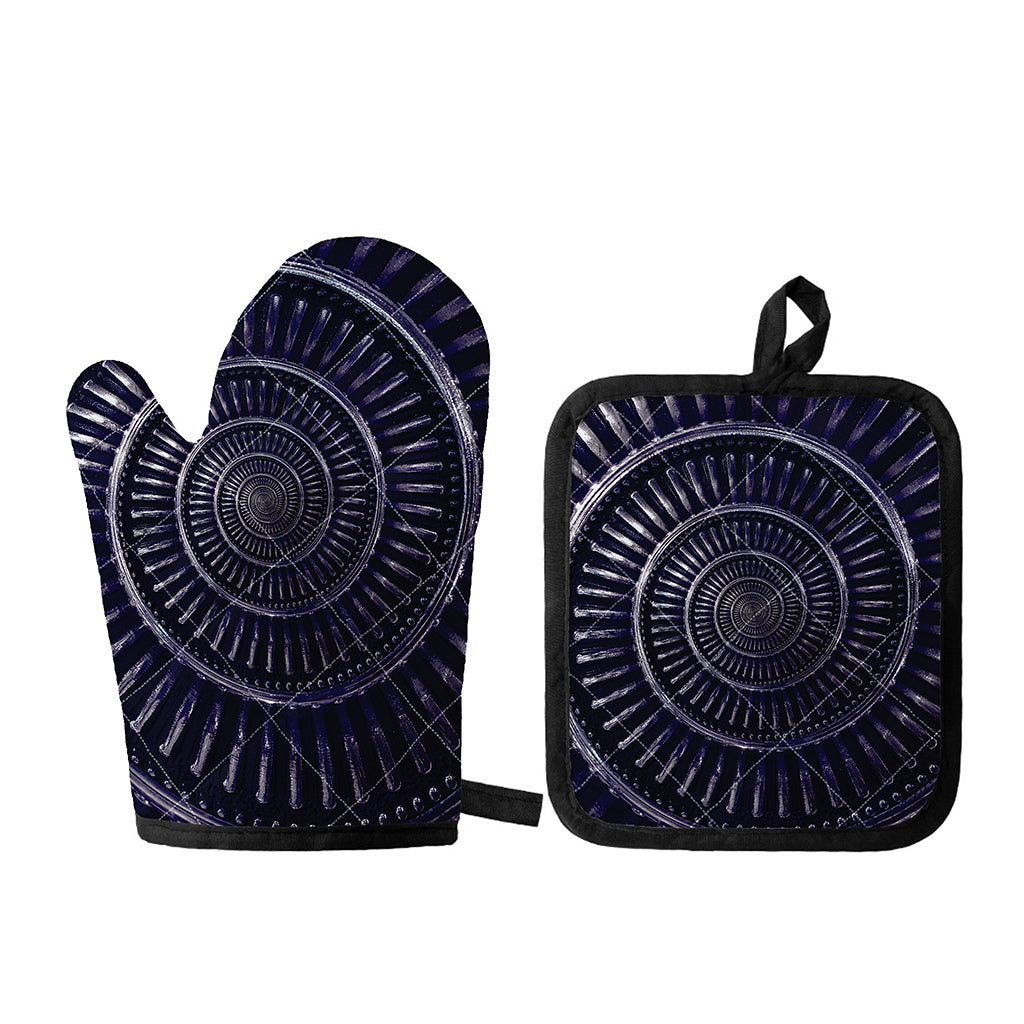 Dark Navy Metal Spiral Print Oven Mitt And Pot Holder Set