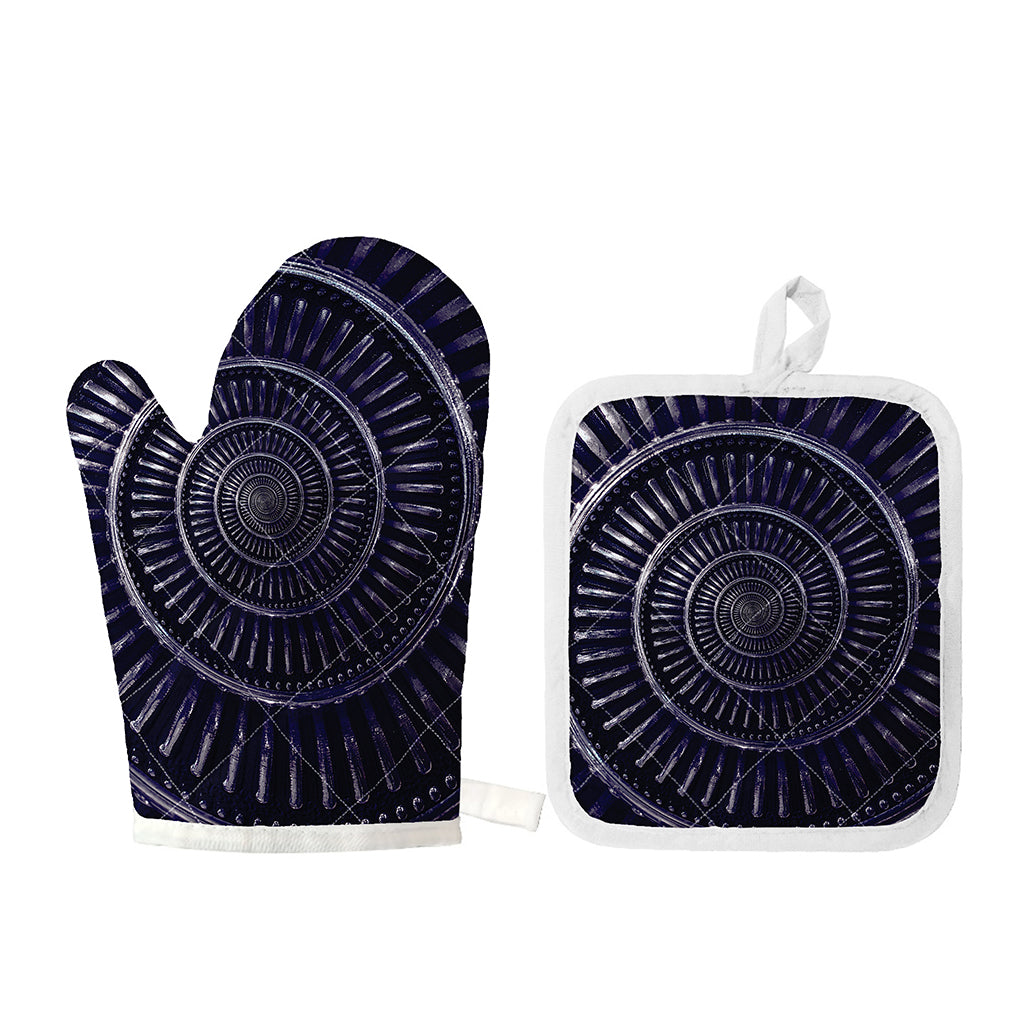 Dark Navy Metal Spiral Print Oven Mitt And Pot Holder Set