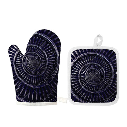 Dark Navy Metal Spiral Print Oven Mitt And Pot Holder Set