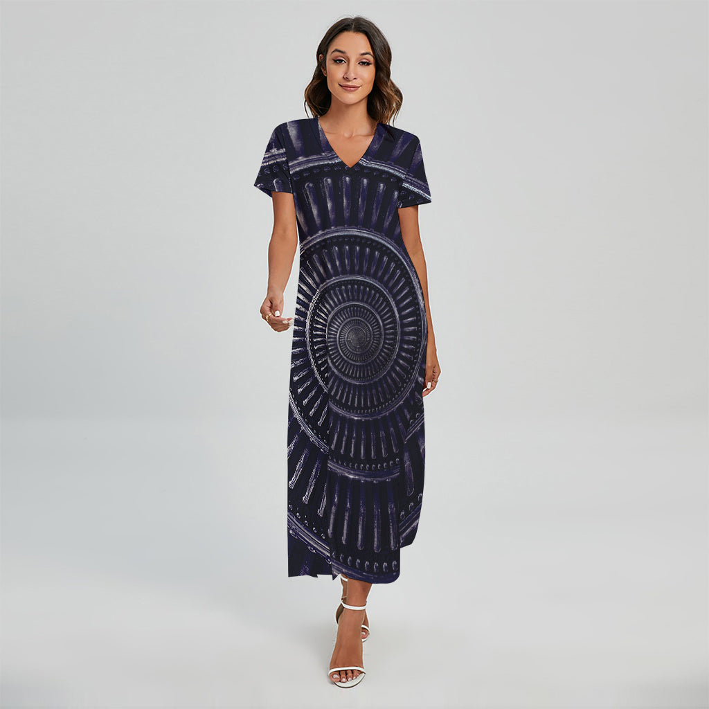Dark Navy Metal Spiral Print Short Sleeve Maxi Dress