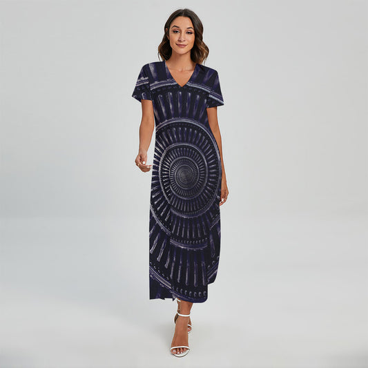 Dark Navy Metal Spiral Print Short Sleeve Maxi Dress