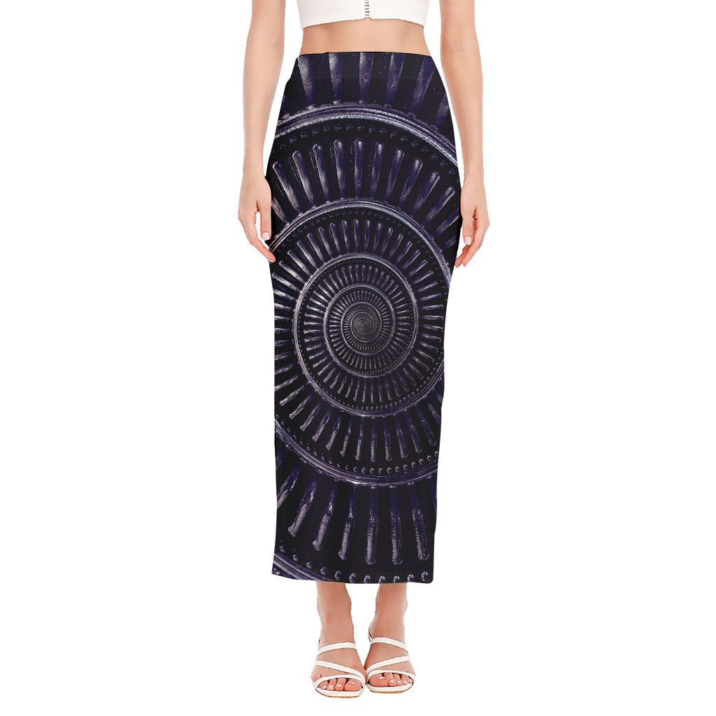 Dark Navy Metal Spiral Print Side Slit Maxi Skirt