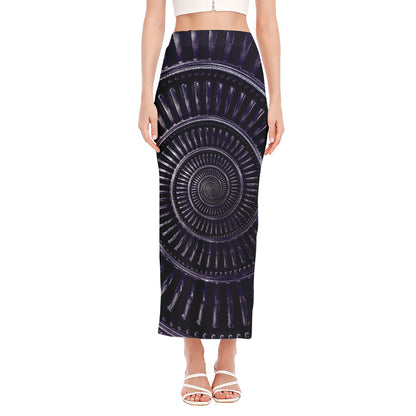 Dark Navy Metal Spiral Print Side Slit Maxi Skirt