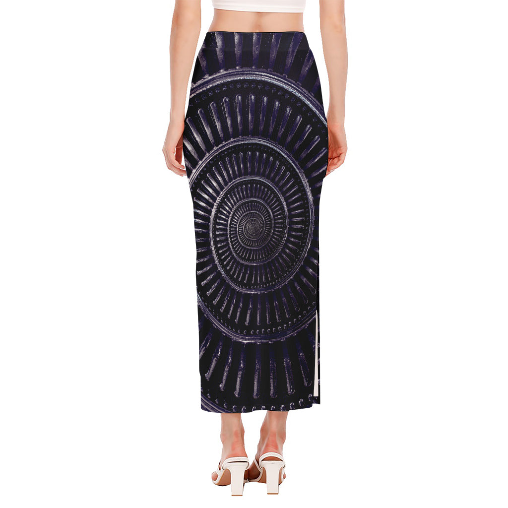 Dark Navy Metal Spiral Print Side Slit Maxi Skirt