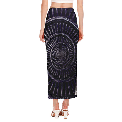 Dark Navy Metal Spiral Print Side Slit Maxi Skirt