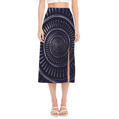 Dark Navy Metal Spiral Print Side Slit Midi Skirt