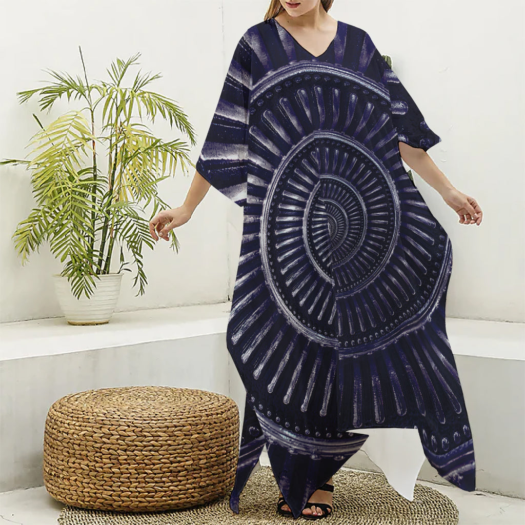 Dark Navy Metal Spiral Print Silk V-Neck Kaftan Dress