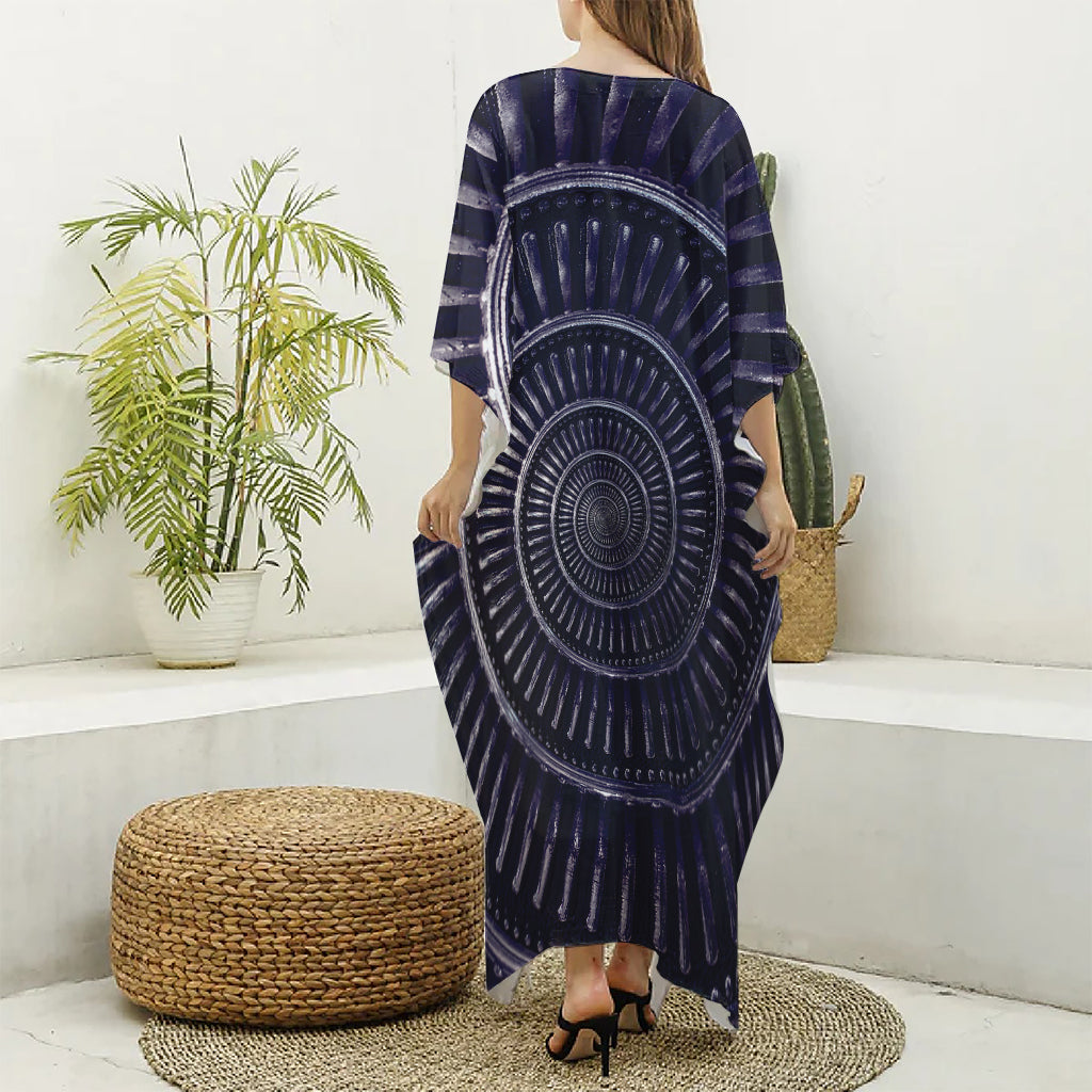 Dark Navy Metal Spiral Print Silk V-Neck Kaftan Dress