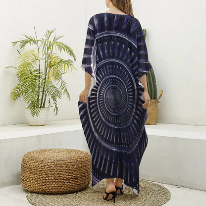Dark Navy Metal Spiral Print Silk V-Neck Kaftan Dress