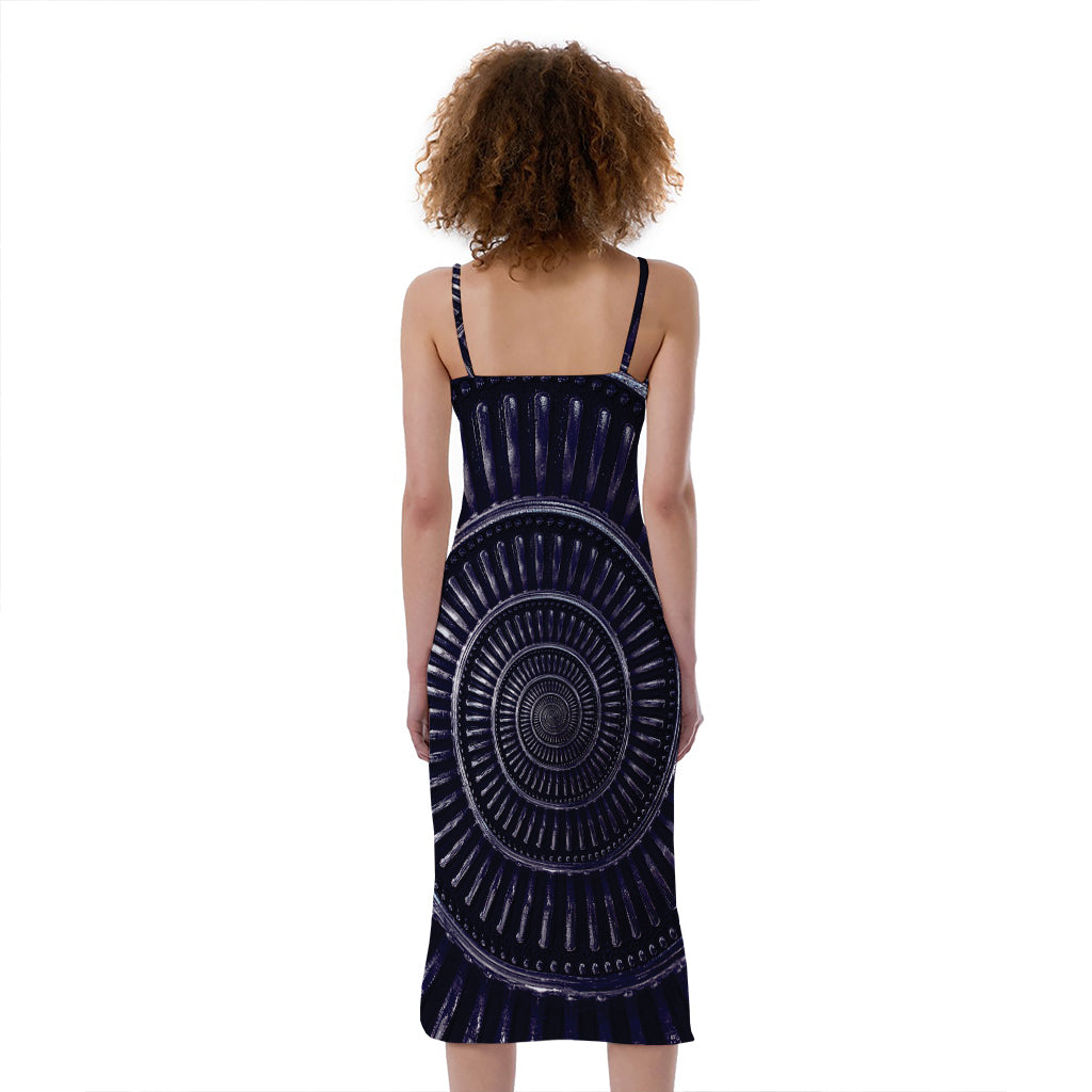 Dark Navy Metal Spiral Print Slim Fit Midi Cami Dress