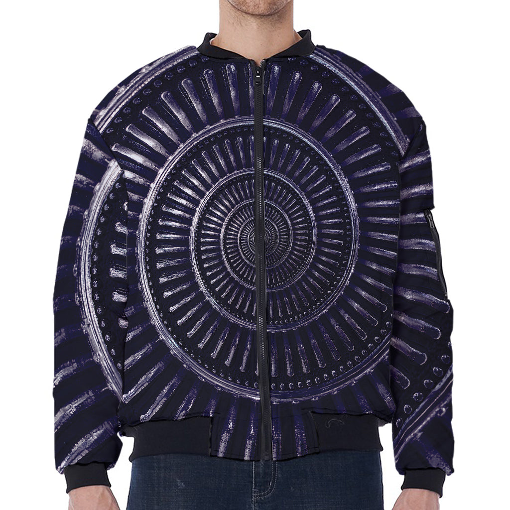 Dark Navy Metal Spiral Print Zip Sleeve Bomber Jacket