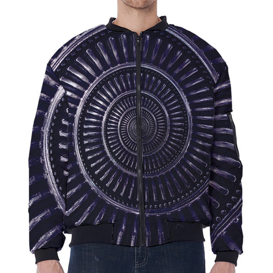 Dark Navy Metal Spiral Print Zip Sleeve Bomber Jacket