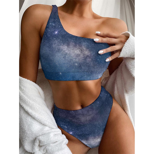 Dark Nebula Universe Galaxy Space Print One Shoulder Bikini Top