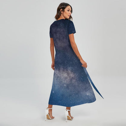 Dark Nebula Universe Galaxy Space Print Short Sleeve Maxi Dress