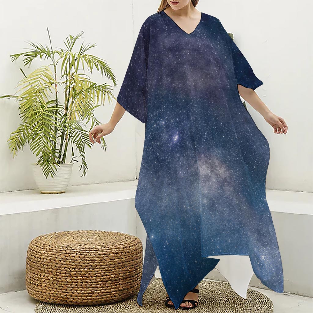 Dark Nebula Universe Galaxy Space Print Silk V-Neck Kaftan Dress