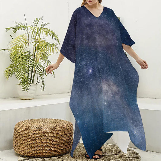 Dark Nebula Universe Galaxy Space Print Silk V-Neck Kaftan Dress