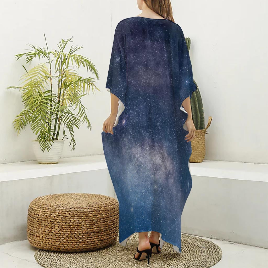 Dark Nebula Universe Galaxy Space Print Silk V-Neck Kaftan Dress