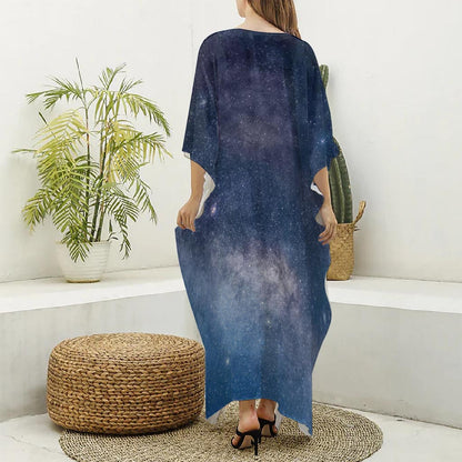 Dark Nebula Universe Galaxy Space Print Silk V-Neck Kaftan Dress