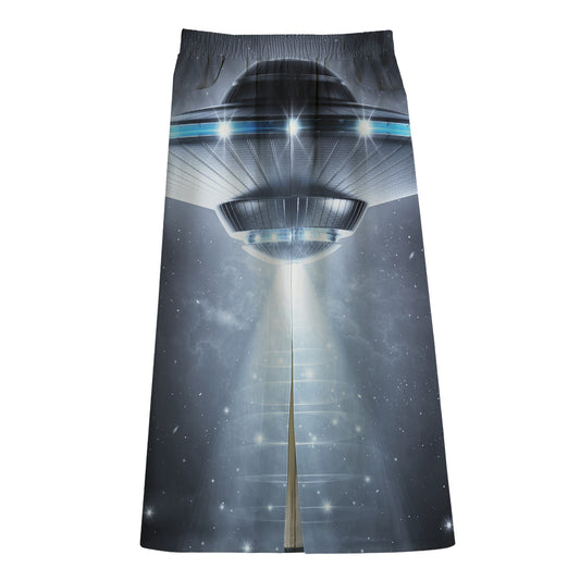 Dark Night UFO Print Cotton Front Slit Maxi Skirt