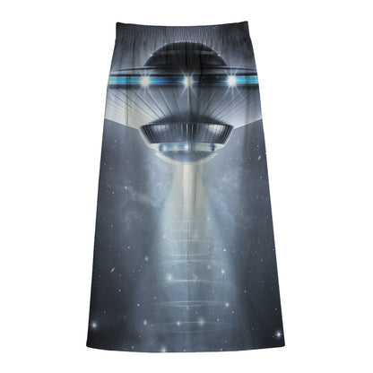 Dark Night UFO Print Cotton Front Slit Maxi Skirt