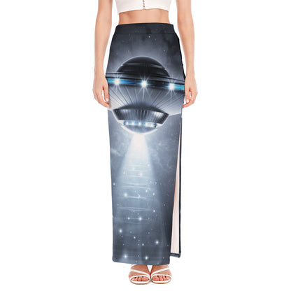 Dark Night UFO Print High Slit Maxi Skirt