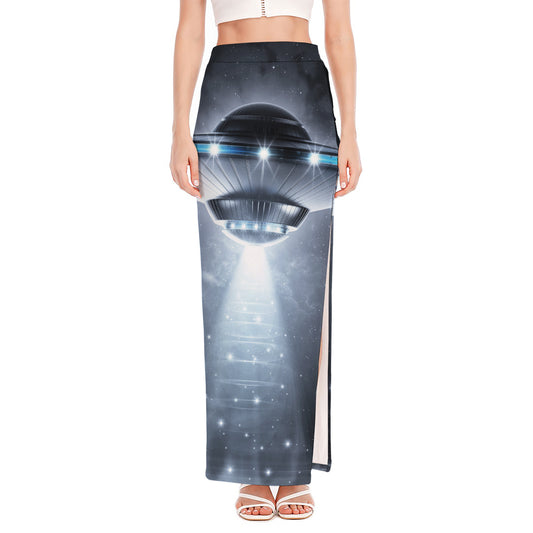 Dark Night UFO Print High Slit Maxi Skirt