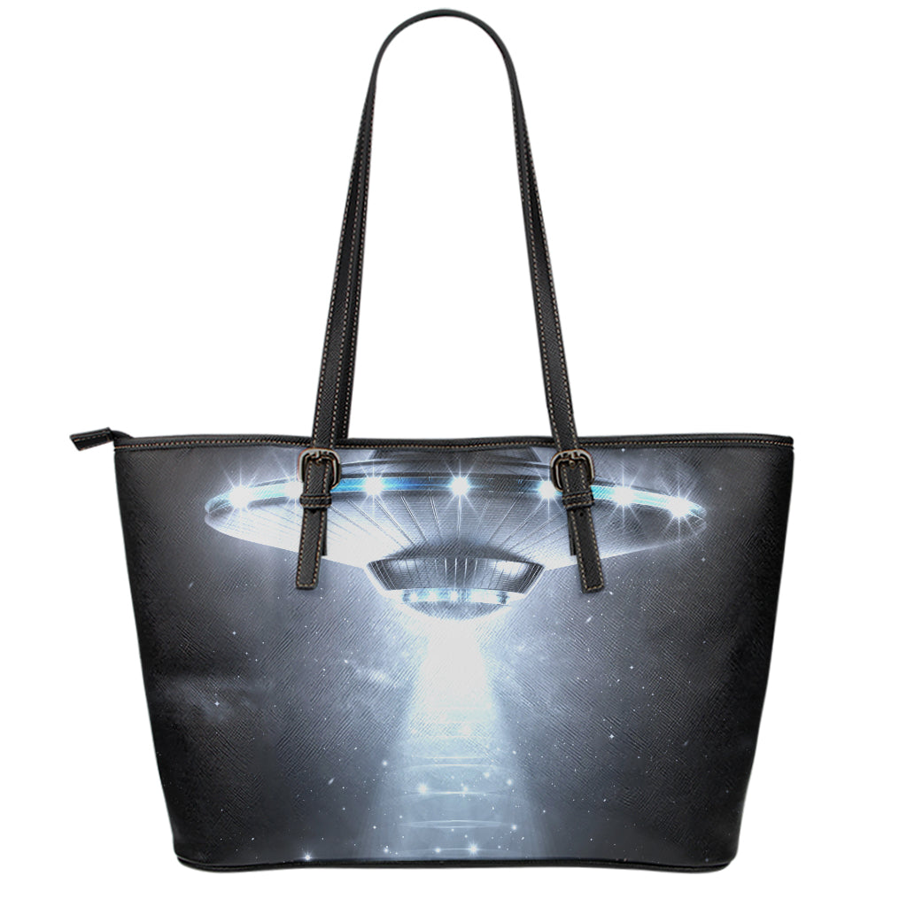 Dark Night UFO Print Leather Tote Bag
