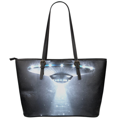 Dark Night UFO Print Leather Tote Bag