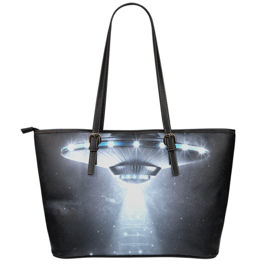 Dark Night UFO Print Leather Tote Bag