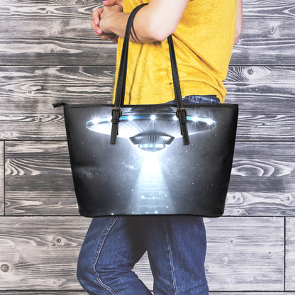 Dark Night UFO Print Leather Tote Bag