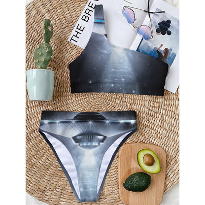 Dark Night UFO Print One Shoulder Bikini Top