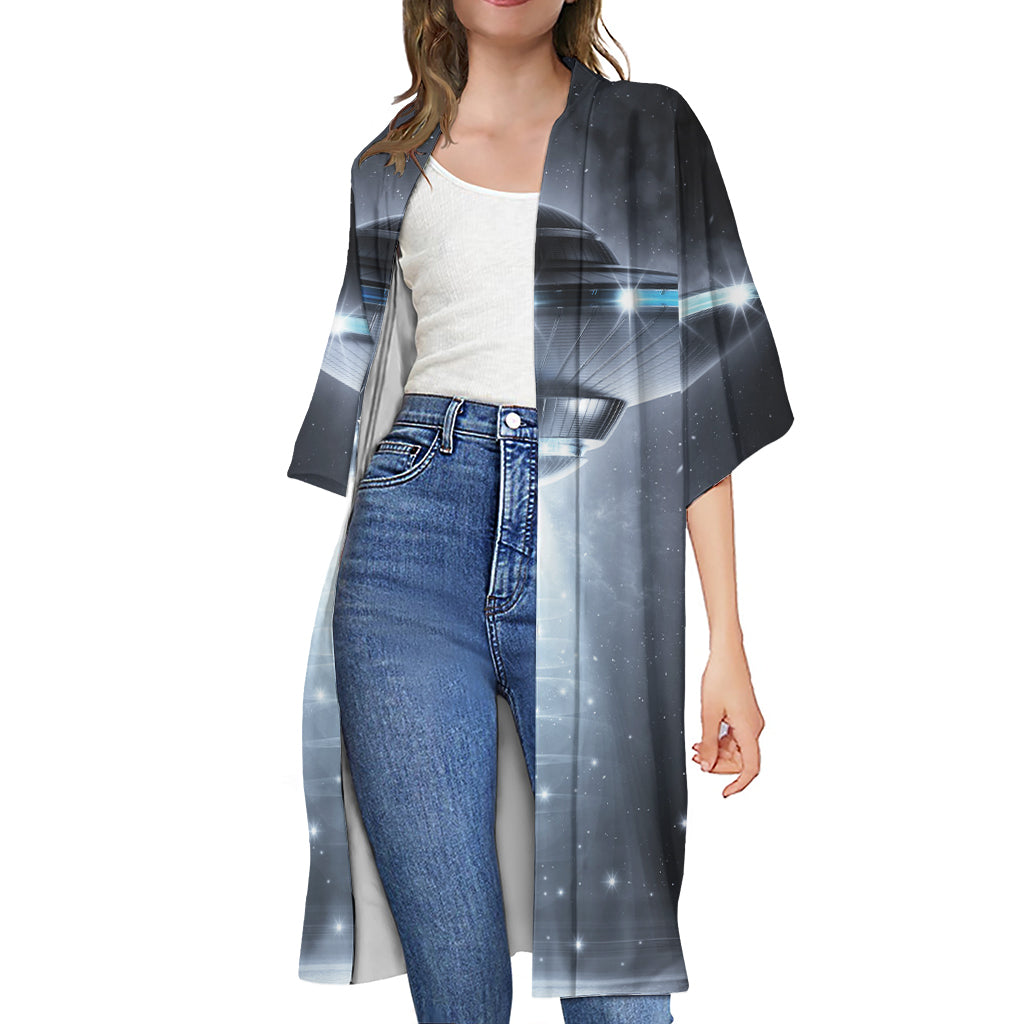 Dark Night UFO Print Open Front Beach Cover Up