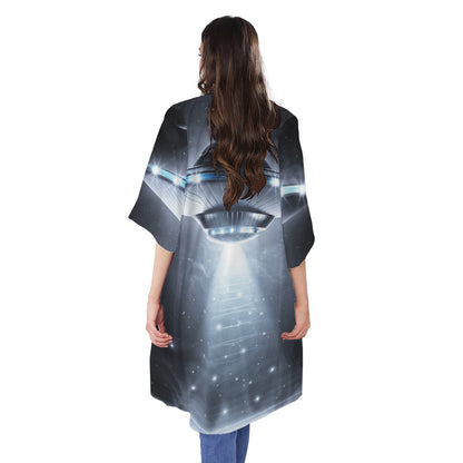 Dark Night UFO Print Open Front Beach Cover Up