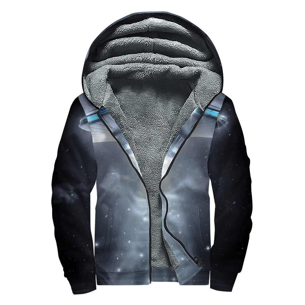 Dark Night UFO Print Sherpa Lined Zip Up Hoodie
