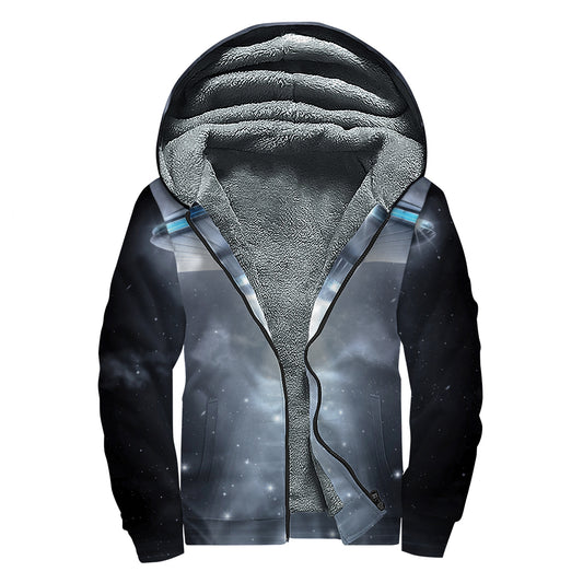 Dark Night UFO Print Sherpa Lined Zip Up Hoodie