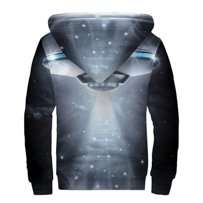Dark Night UFO Print Sherpa Lined Zip Up Hoodie