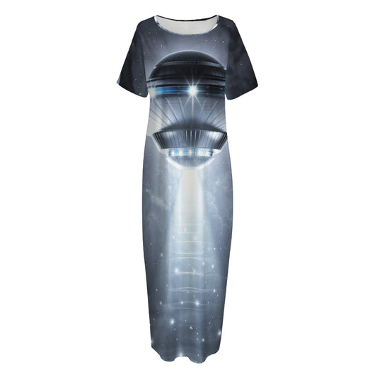 Dark Night UFO Print Short Sleeve Long Nightdress