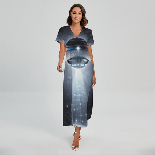 Dark Night UFO Print Short Sleeve Maxi Dress