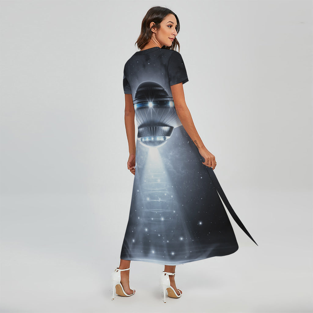 Dark Night UFO Print Short Sleeve Maxi Dress