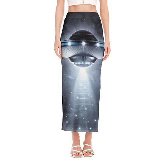 Dark Night UFO Print Side Slit Maxi Skirt