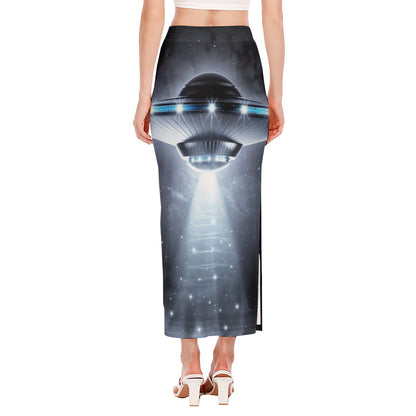 Dark Night UFO Print Side Slit Maxi Skirt