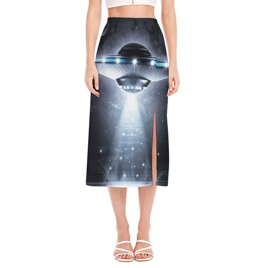 Dark Night UFO Print Side Slit Midi Skirt