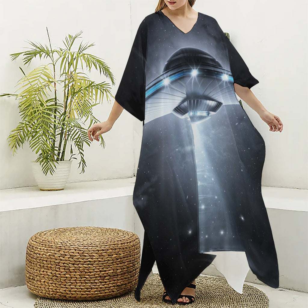 Dark Night UFO Print Silk V-Neck Kaftan Dress