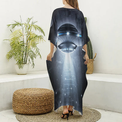 Dark Night UFO Print Silk V-Neck Kaftan Dress