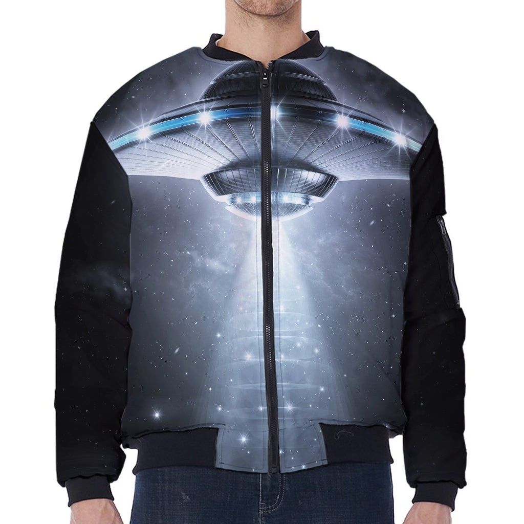 Dark Night UFO Print Zip Sleeve Bomber Jacket