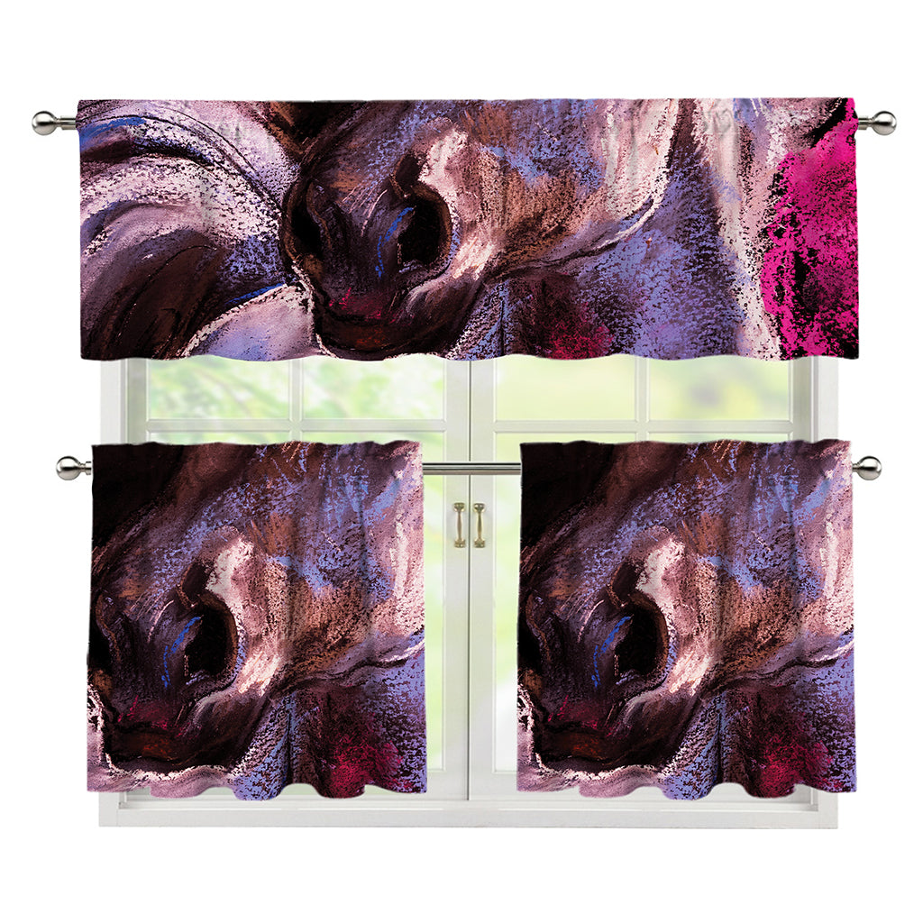 Dark Pink Horse Painting Print 3 Piece Kitchen Curtains