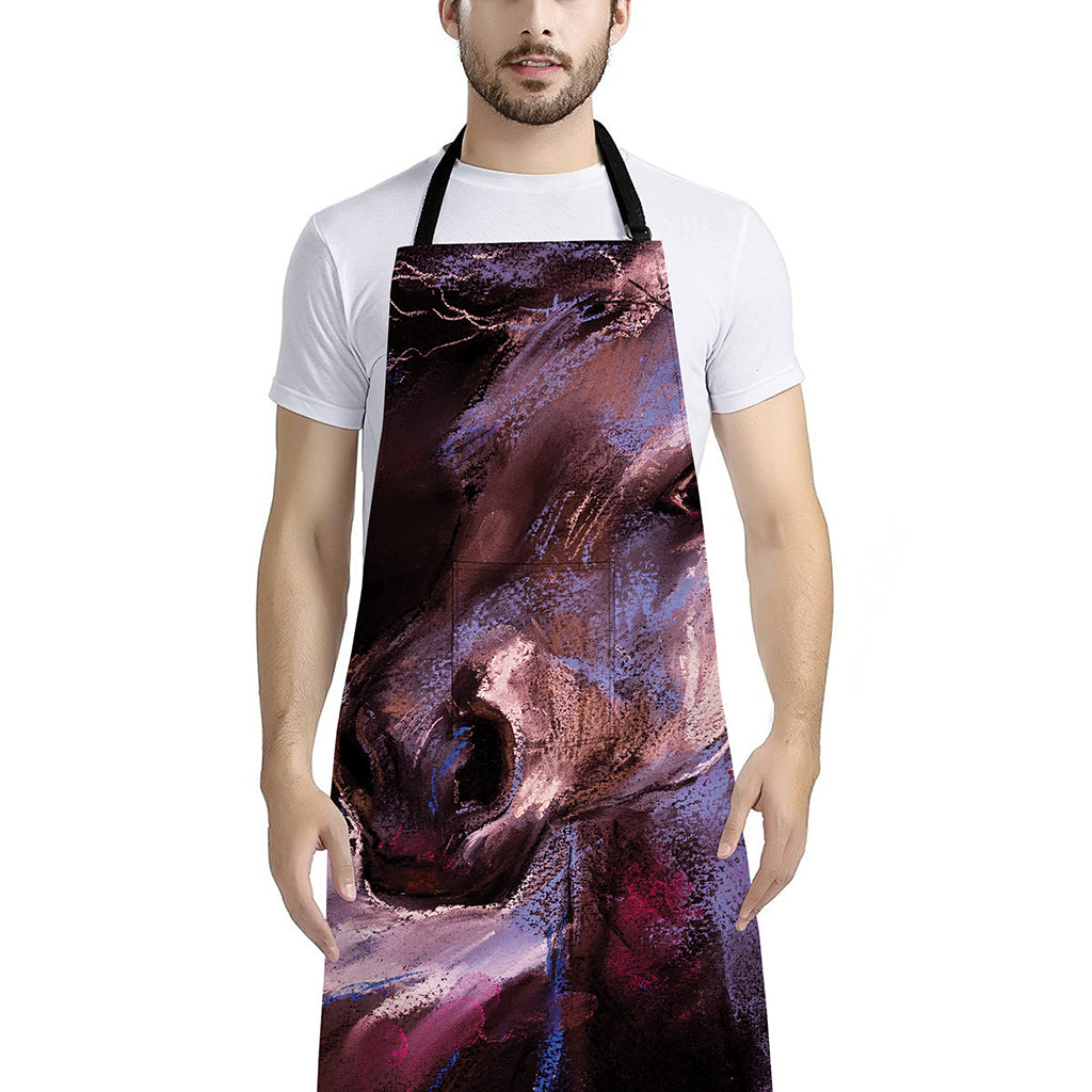 Dark Pink Horse Painting Print Bib Apron With Pocket